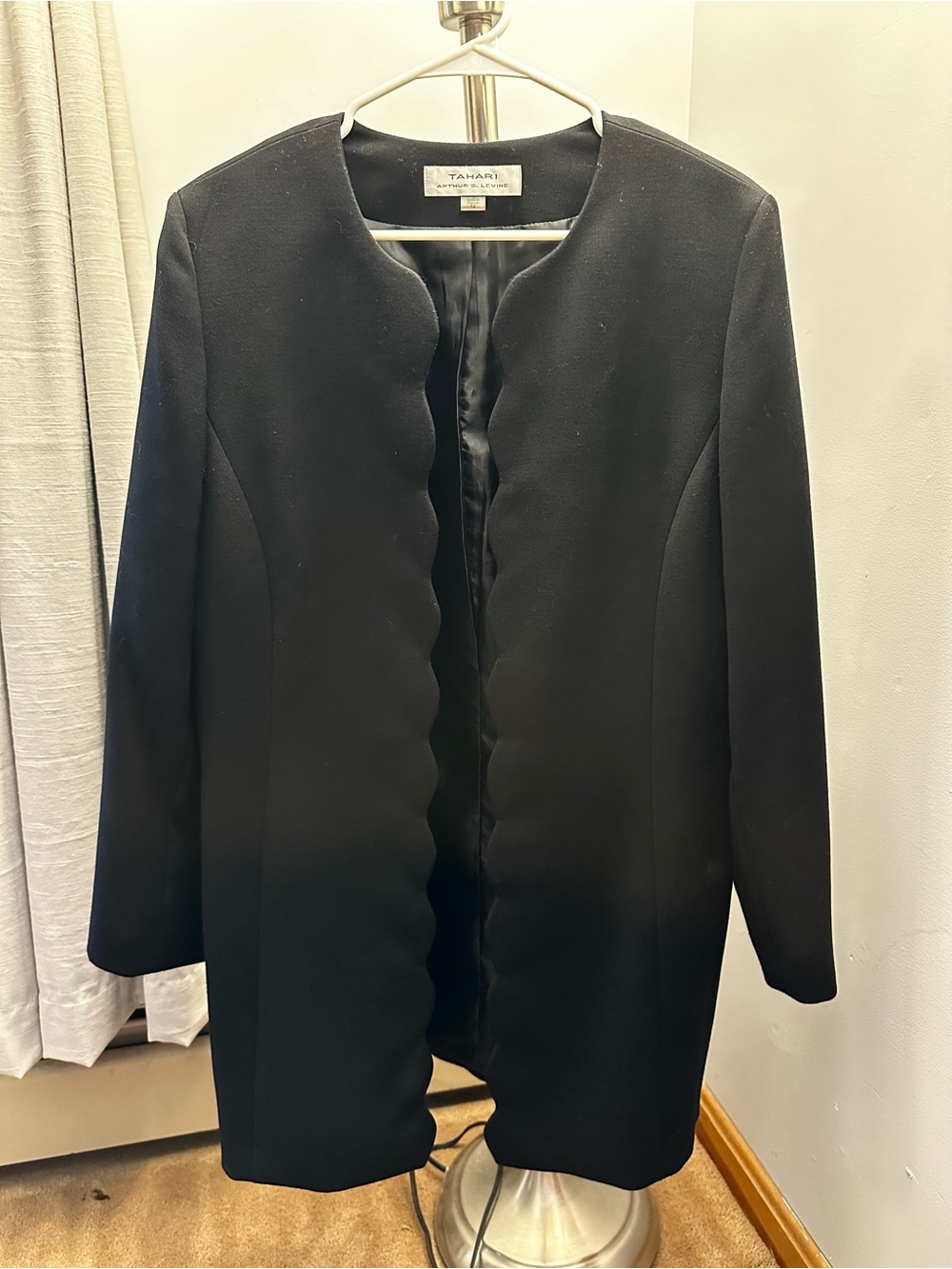 Tahari Black Scalloped-Edge Open Front Blazer Coat